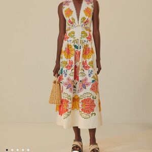 FARM Rio White Cream Plunge Sundress Midi